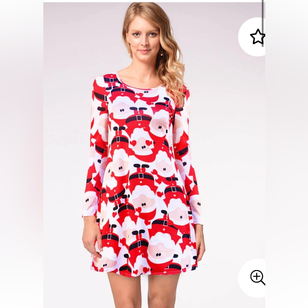 Christmas Cartoon Print Dress, Santa Print in Red, Black, and White, Size S, EUC